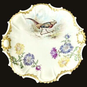 Antique Limoges Game Bird Pheasant Floral Charger Hand Painted Handles 9 1/2"W